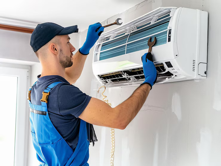 air conditioning technician fixing the ac